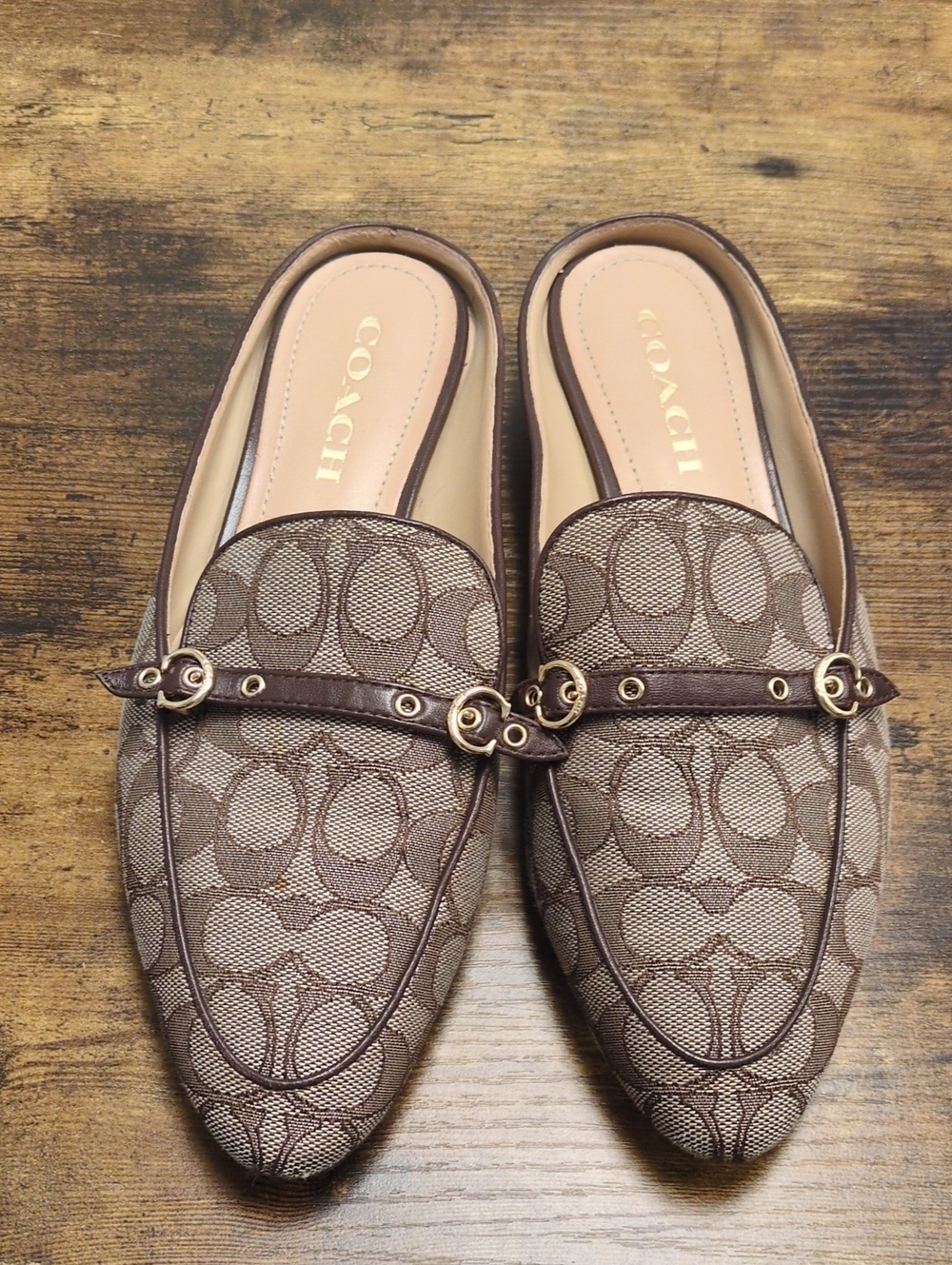Coach Brown Signature Monogram Mules with Gold Accents/8.5B